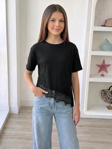 SHEIN Sparklyn 青少年女孩休閒純色蕾絲拼接短袖T恤，夏季，穿搭，舒適，日常，極簡，度假 - 黑色 - 查看 3