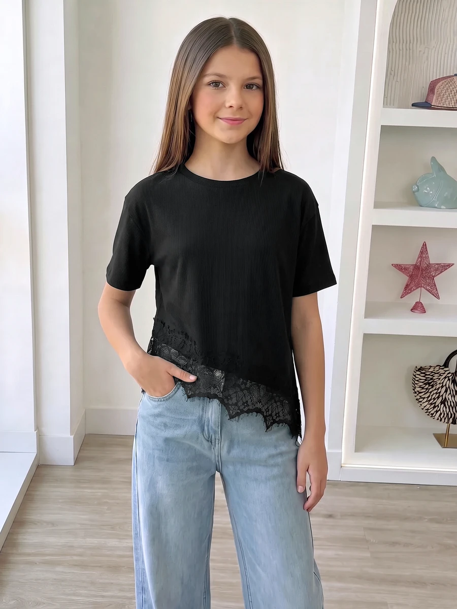 SHEIN Sparklyn Tween Girls Casual Solid Color Lace Patchwork Short Sleeve T-Shirt, Summer, Outfit, Comfortable, Daily, Minimalist, Vacation - Black - View 1