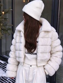 Elladie kids Tween Girl White Zip-Up Lapel Ribbed Cuff Streetwear Versatile Fuzzy Loose Jacket Autumn Winter Outfit - White - View 4