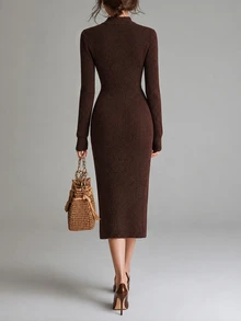 SHEIN Women Napoleon‑Style Zip Mock Neck Knit Midi Dress, Long Sleeve Double‑Breasted Metal Button Decor S - Coffee Brown - View 2