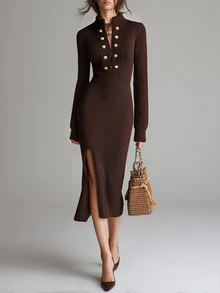SHEIN Women Napoleon‑Style Zip Mock Neck Knit Midi Dress, Long Sleeve Double‑Breasted Metal Button Decor S - Coffee Brown - View 7