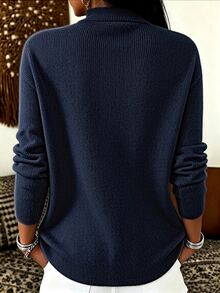 Trelyra Women's Solid Color Cowl Neck Long Sleeve Casual Top - Navy Blue - View 2