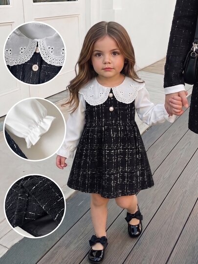Souflis Baby Girl Fall Outfits 2pcs Sweet Elegant Daddys Girl Lace Collar Long Sleeve Top & Plaid Tweed Suspender Dress Set, 0-3Y Toddler Fall Dress Clothes