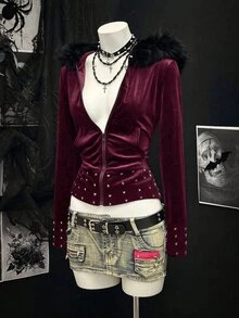 EgrlEra 女款鉚釘裝飾毛領拼接拉鍊時尚百搭連帽衛衣 - 酒紅色 - 查看 4