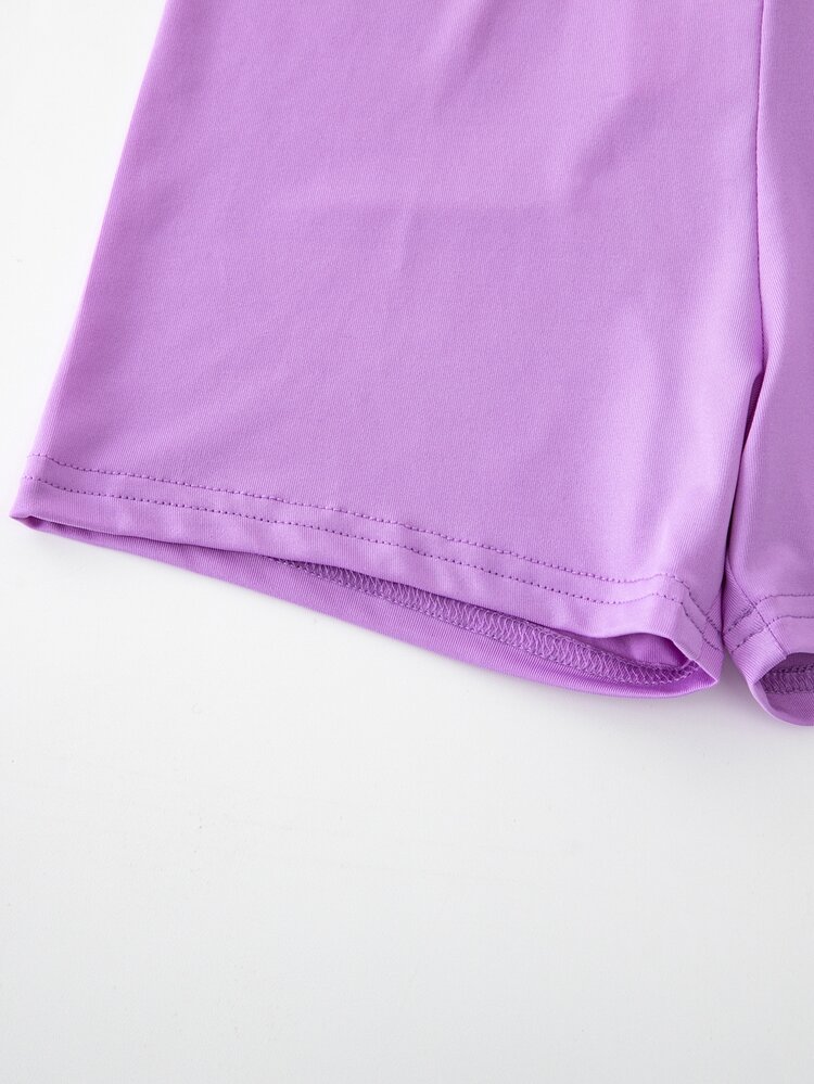 SHEIN Young Girl Sports Shorts Set, Ruffle Backless Design, Multi-Layer Criss-Cross Hollow Tie Back, High-Waist Snug Fit Shorts, Fitted Cropped Top, Suitable For Dance, Fitness, Performance, Outdoor Daily Wear, Casual Outfit - Purple - View 7