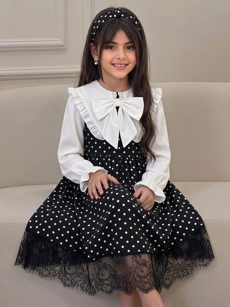 Tween Girl Girls Elegant Contrast Color Large Collar Polka Dot Lace Patchwork Hem Dress, School Style Back To School Season Elegant Black Dress, Party Dress - Black - View 4