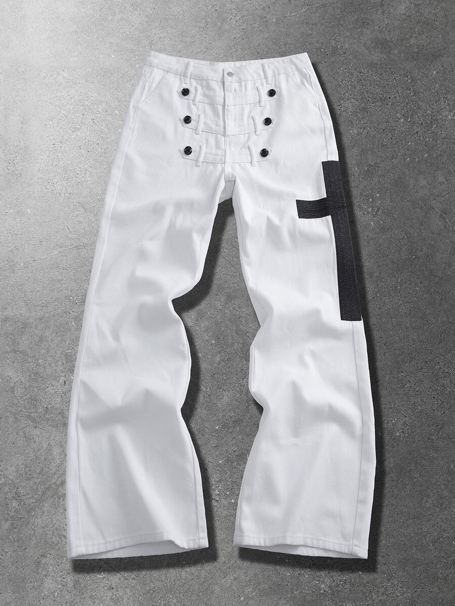ROMWE MEN Men's Colorblock Casual Versatile Everyday Travel Denim Jeans - White - View 1