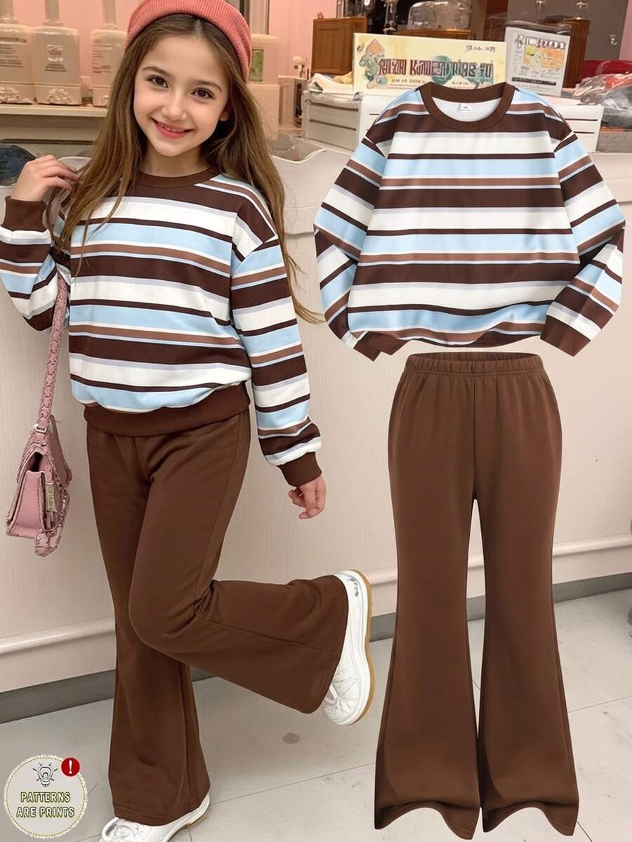 SHEIN Tween Girl Tween Girls Casual Classic Striped Round Neck Loose Sweatshirt Fitted Flare Long Pants 2Pcs Set - Brown - View 1
