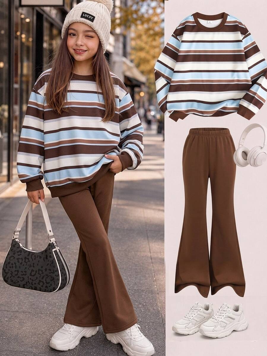 SHEIN 青少年女孩休閒經典條紋圓領寬鬆衛衣配修身喇叭長褲2件套 - 棕色 - 查看 1