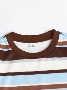 SHEIN 青少年女孩休閒經典條紋圓領寬鬆衛衣配修身喇叭長褲2件套 - 棕色 - 查看 5