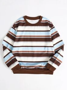 SHEIN 青少年女孩休閒經典條紋圓領寬鬆衛衣配修身喇叭長褲2件套 - 棕色 - 查看 4