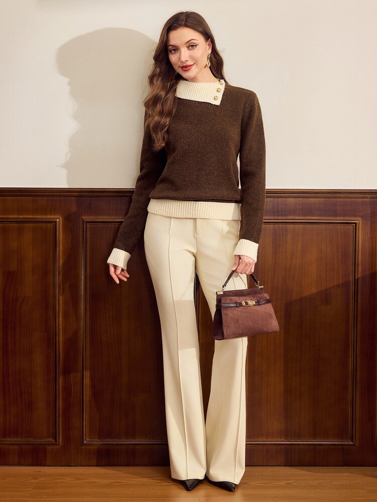 Vintamour Vintage Elegant Women's Asymmetric Collar Knit Sweater Autumn Winter Brown Button Contrast Color Ribbed Pullover Top Office Brunch Work Outfits Office - Brown - View 9