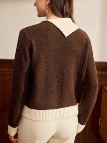 Vintamour Vintage Elegant Women's Asymmetric Collar Knit Sweater Autumn Winter Brown Button Contrast Color Ribbed Pullover Top Office Brunch Work Outfits Office - Brown - View 8