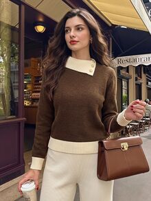 Vintamour Vintage Elegant Women's Asymmetric Collar Knit Sweater Autumn Winter Brown Button Contrast Color Ribbed Pullover Top Office Brunch Work Outfits Office - Brown - View 3