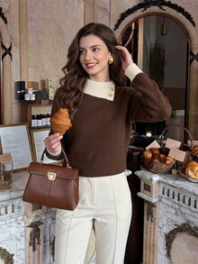 Vintamour Vintage Elegant Women's Asymmetric Collar Knit Sweater Autumn Winter Brown Button Contrast Color Ribbed Pullover Top Office Brunch Work Outfits Office - Brown - View 2