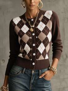 SHEIN New Spring Fall Minimal Vintage Argyle Pattern Knit Cardigan ...