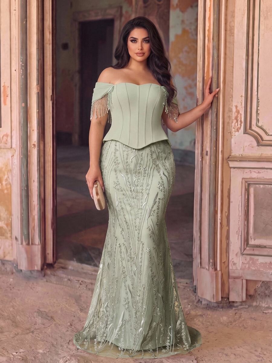 Glamrae Plus Size Light Green Elegant Cinched Waist 2 In 1 Heavy Embellished Evening Gown