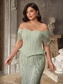 Glamrae Plus Size Light Green Elegant Cinched Waist 2 In 1 Heavy Embellished Evening Gown - Green - View 4
