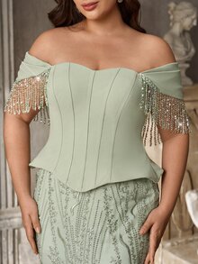 Glamrae Plus Size Light Green Elegant Cinched Waist 2 In 1 Heavy Embellished Evening Gown - Green - View 7