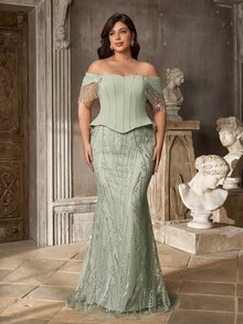 Glamrae Plus Size Light Green Elegant Cinched Waist 2 In 1 Heavy Embellished Evening Gown - Green - View 6