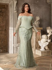 Glamrae Plus Size Light Green Elegant Cinched Waist 2 In 1 Heavy Embellished Evening Gown - Green - View 8