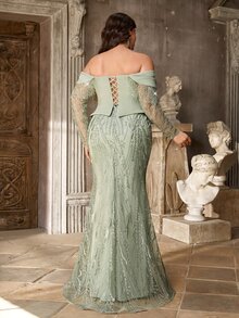 Glamrae Plus Size Light Green Elegant Cinched Waist 2 In 1 Heavy Embellished Evening Gown - Green - View 3