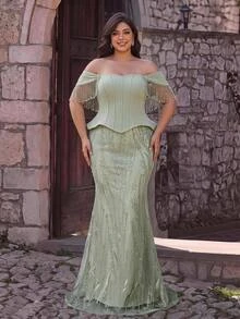 Glamrae Plus Size Light Green Elegant Cinched Waist 2 In 1 Heavy Embellished Evening Gown - Green - View 11