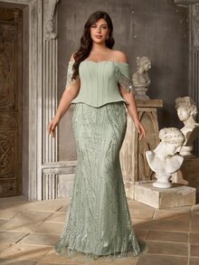 Glamrae Plus Size Light Green Elegant Cinched Waist 2 In 1 Heavy Embellished Evening Gown - Green - View 5