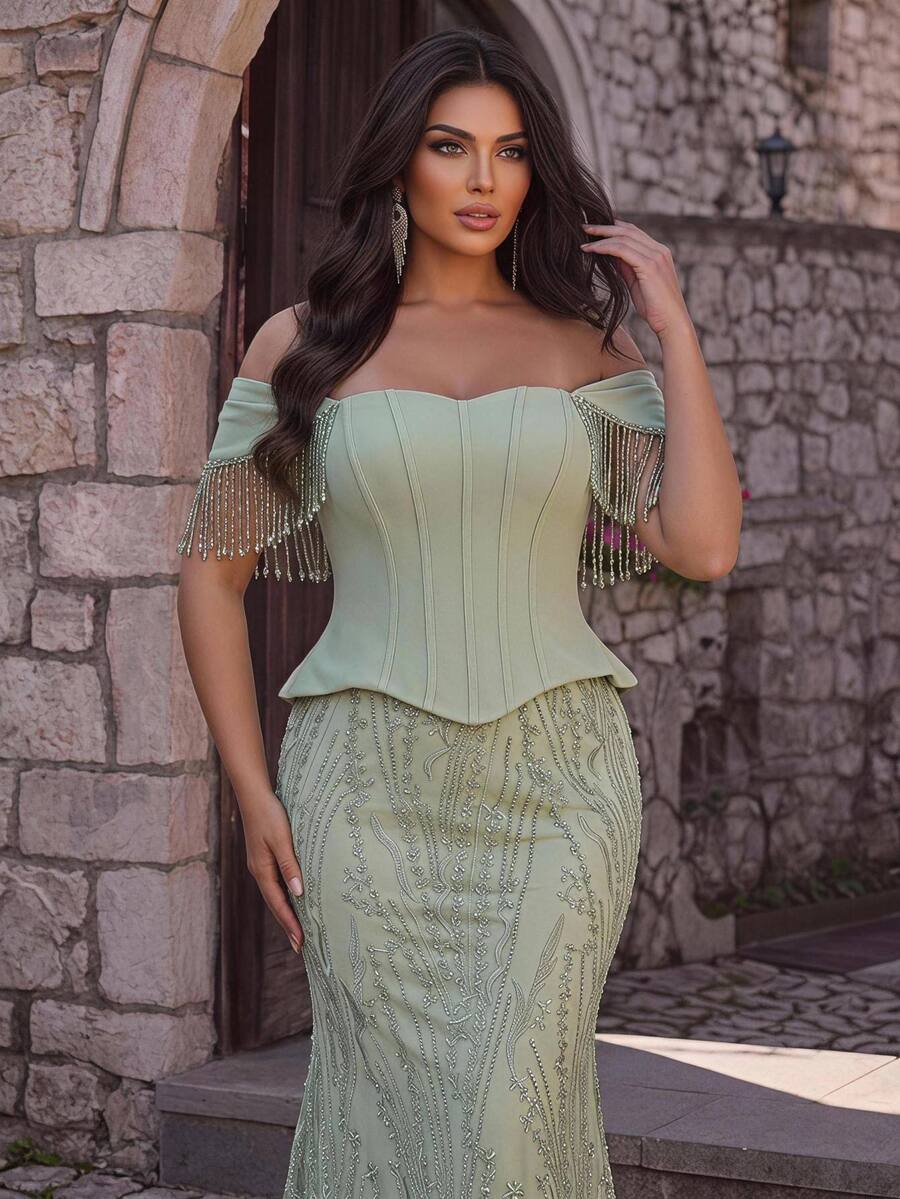 Glamrae Plus Size Light Green Elegant Cinched Waist 2 In 1 Heavy Embellished Evening Gown
