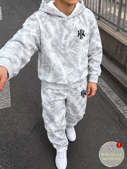 青少年男孩连帽卫衣运动裤套装 街头风 宽松 灰色白色扎染大理石字母印花 长袖 宽松连帽 校服 秋季 派对