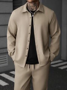 SLATEMANN Men's Solid Color Long Sleeve Shirt And Elastic Waist Drawstring Pants Set, Suitable For Formal Holiday Or Casual Streetwear Occasions, Khaki Fall - Khaki - View 6