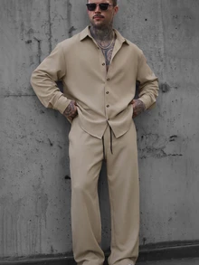 SLATEMANN Men's Solid Color Long Sleeve Shirt And Elastic Waist Drawstring Pants Set, Suitable For Formal Holiday Or Casual Streetwear Occasions, Khaki Fall - Khaki - View 1