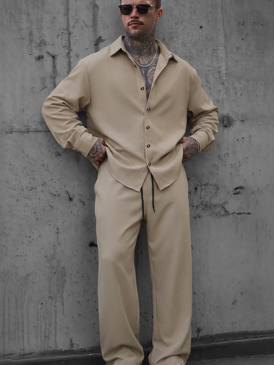 SLATEMANN Men's Solid Color Long Sleeve Shirt And Elastic Waist Drawstring Pants Set, Suitable For Formal Holiday Or Casual Streetwear Occasions, Khaki Fall - Khaki - View 1