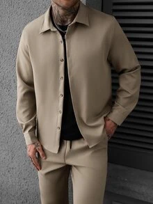 SLATEMANN Men's Solid Color Long Sleeve Shirt And Elastic Waist Drawstring Pants Set, Suitable For Formal Holiday Or Casual Streetwear Occasions, Khaki Fall - Khaki - View 7
