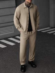 SLATEMANN Men's Solid Color Long Sleeve Shirt And Elastic Waist Drawstring Pants Set, Suitable For Formal Holiday Or Casual Streetwear Occasions, Khaki Fall - Khaki - View 4
