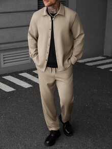 SLATEMANN Men's Solid Color Long Sleeve Shirt And Elastic Waist Drawstring Pants Set, Suitable For Formal Holiday Or Casual Streetwear Occasions, Khaki Fall - Khaki - View 5