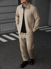 SLATEMANN Men's Solid Color Long Sleeve Shirt And Elastic Waist Drawstring Pants Set, Suitable For Formal Holiday Or Casual Streetwear Occasions, Khaki Fall - Khaki - View 3