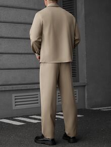 SLATEMANN Men's Solid Color Long Sleeve Shirt And Elastic Waist Drawstring Pants Set, Suitable For Formal Holiday Or Casual Streetwear Occasions, Khaki Fall - Khaki - View 2