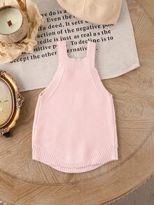 SHEIN Vintaside Kids 女嬰字母刺繡無袖針織連身衣 幼兒園穿搭 粉色與棕色 秋冬可愛女寶派對生日裝 - 粉色 - 查看 3