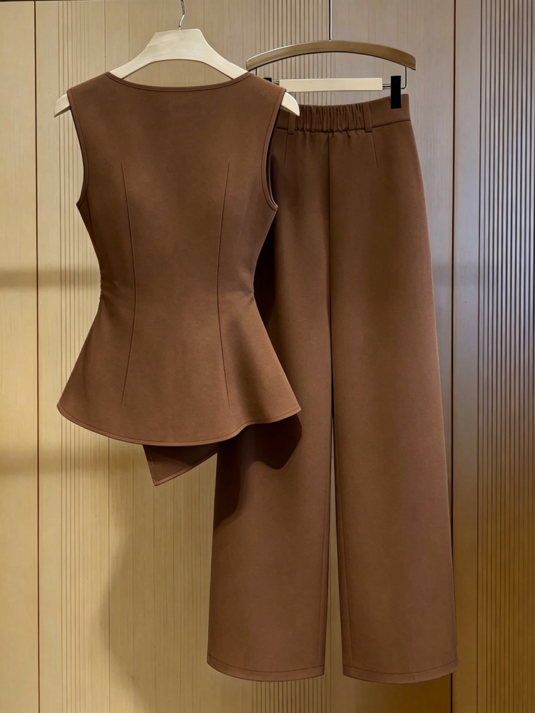 SHEIN Premium Apricot Sleeveless Top & Wide Leg Pants Set For Women, Summer Waist-Cinched Slimming Elegant Commuter Professional 2 Pieces Outfit - Coffee Brown - View 2