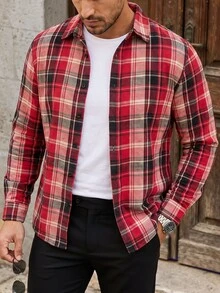 Manfinity Homme 男士休閒寬鬆格紋長袖西部襯衫，街頭風牛仔牛仔 Rodeo 襯衫，適合秋季與聖誕節 - 彩色 - 查看 3