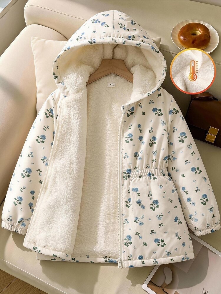 SHEIN Vintaside Kids 1件女童外套大衣，甜美杏色藍色花卉印花，毛絨內裡，彈性腰部，長袖連帽加厚，適合戶外、派對、冬季假期開襟衫 - 杏色 - 查看 3