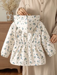 SHEIN Vintaside Kids 1件女童外套大衣，甜美杏色藍色花卉印花，毛絨內裡，彈性腰部，長袖連帽加厚，適合戶外、派對、冬季假期開襟衫 - 杏色 - 查看 2