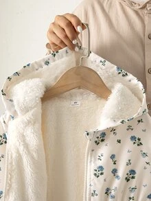 SHEIN Vintaside Kids 1件女童外套大衣，甜美杏色藍色花卉印花，毛絨內裡，彈性腰部，長袖連帽加厚，適合戶外、派對、冬季假期開襟衫 - 杏色 - 查看 5