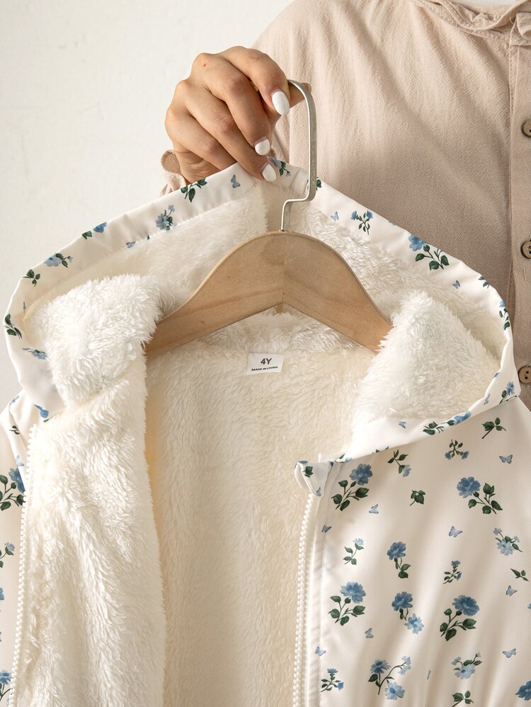 SHEIN Vintaside Kids 1件女童外套大衣，甜美杏色藍色花卉印花，毛絨內裡，彈性腰部，長袖連帽加厚，適合戶外、派對、冬季假期開襟衫 - 杏色 - 查看 5
