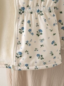 SHEIN Vintaside Kids 1件女童外套大衣，甜美杏色藍色花卉印花，毛絨內裡，彈性腰部，長袖連帽加厚，適合戶外、派對、冬季假期開襟衫 - 杏色 - 查看 6