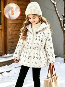 SHEIN Vintaside Kids 1件女童外套大衣，甜美杏色藍色花卉印花，毛絨內裡，彈性腰部，長袖連帽加厚，適合戶外、派對、冬季假期開襟衫 - 杏色 - 查看 4