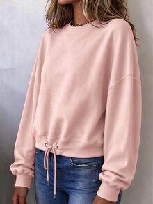 SHEIN LUNE بلوزة رياضية نسائية بياقة دائرية وأكتاف منسدلة وأكمام طويلة فضفاضة كاجوال - وردي - مشاهدة 3