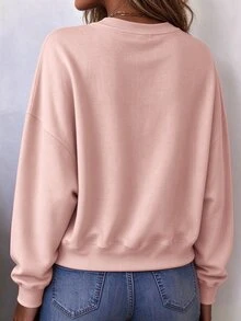 SHEIN LUNE بلوزة رياضية نسائية بياقة دائرية وأكتاف منسدلة وأكمام طويلة فضفاضة كاجوال - وردي - مشاهدة 2