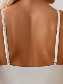 SHEIN Swim 女士纯色连体比基尼套装，优雅比基尼套装，休闲海滩度假 - 白色 - 查看 3